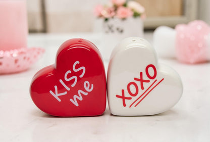 21064 Fine Ceramic Valentine Kiss Me Love Red Heart Salt & Pepper Shakers Set, 2-1/2" H