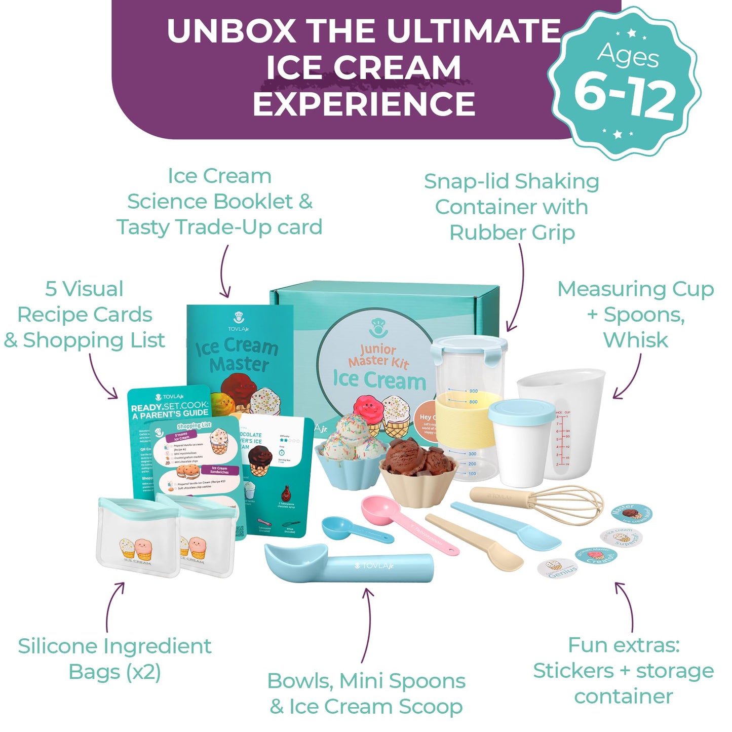 Tovla Jr. Kids Ice Cream Science Kit | Make Real Ice Cream with Reusable Tools | STEM Learning Activity & Gift Set Ages 5–12 | Includes Visual Recipes, Scoop, Bowls & Shaker