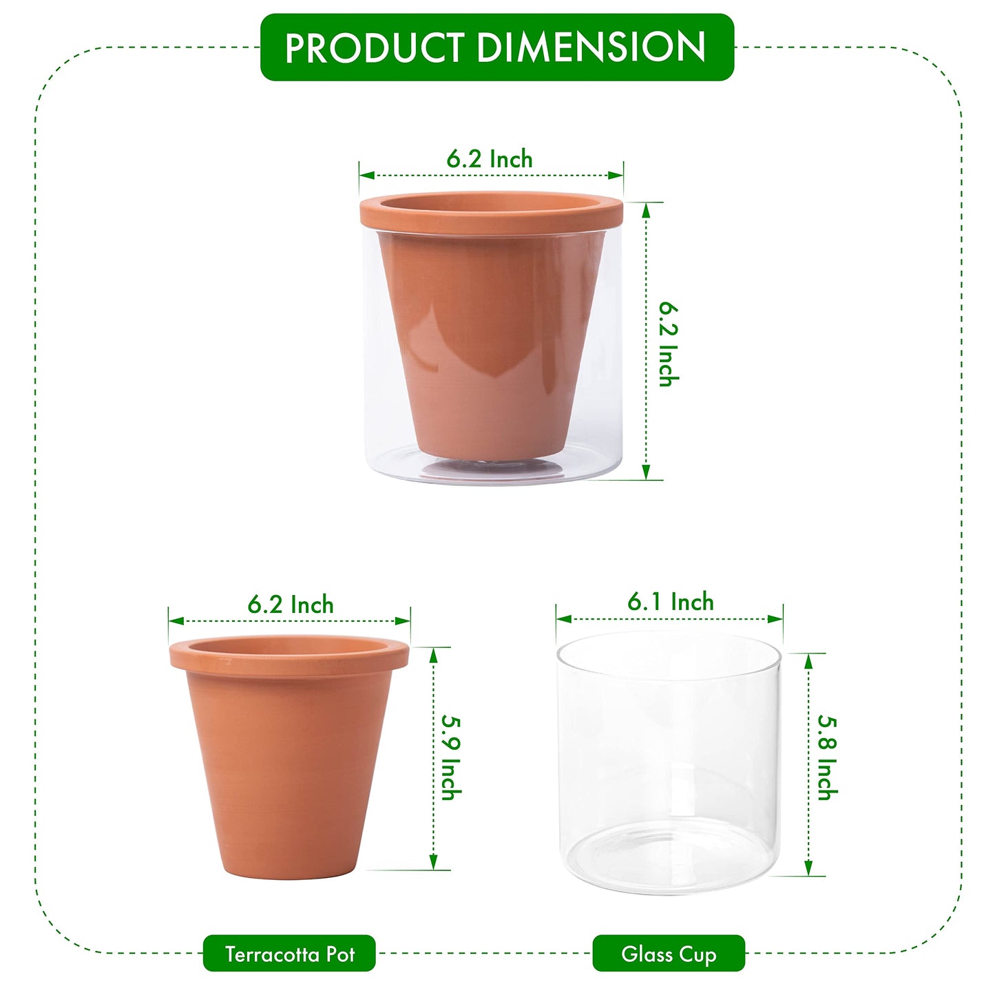 D'vine Dev 6 Inch Design Self Watering Pot for Indoor Plants, Terracotta Planter with Cylinder Glass Cup, Set of 2, 37-Y-B-1