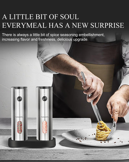 Electric Salt and Pepper Grinder Set with Rechargeable Base - Upgraded Large Capacity, Refillable Pepper Mill Set with LED Light & Adjustable Coarseness, Ideal for Kitchen, Outdoor (Polished Silver)