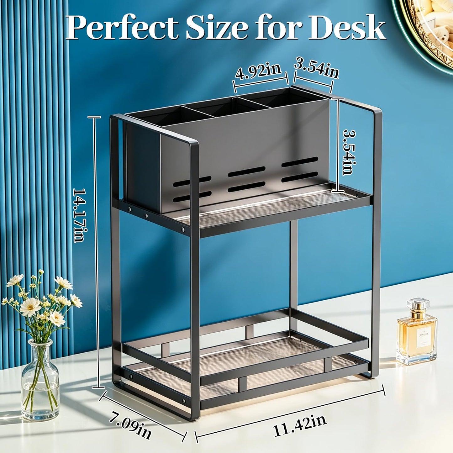 SanDream Hair Tool Organizer Bathroom Countertop, 2-Tier Metal Bathroom Organizer with Blow Dryer Holder, Large Capacity Space-Saving Vanity Shelf for Perfume, Skincare & Makeup Storage (Black)