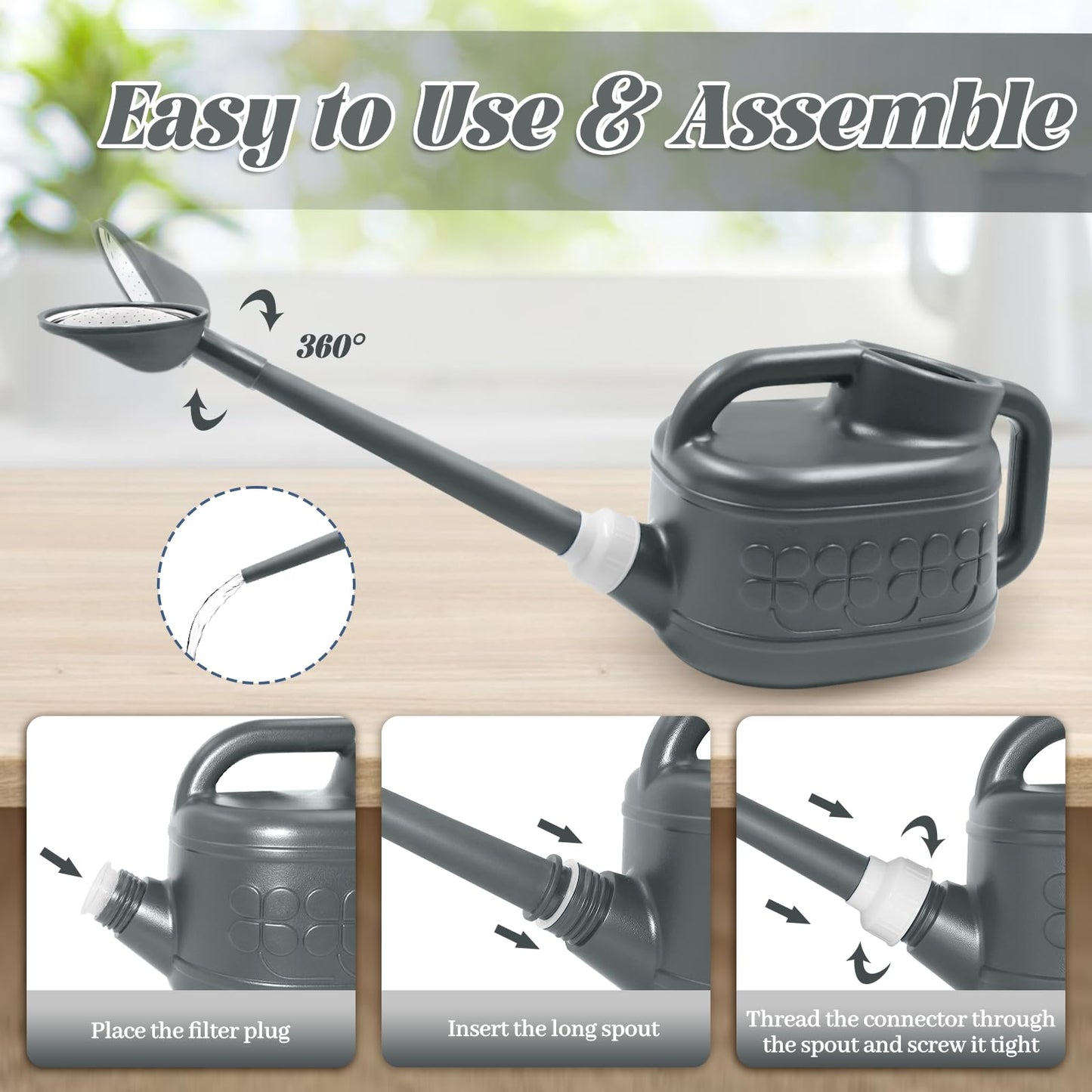 1 Gallon Watering Can, Garden Watering Can Outdoor, Plant Water Can with Removable Long Spout and Stainless Steel Sprinkler Head, Plastic Indoor Watering Cans for Gardening Flower Plants