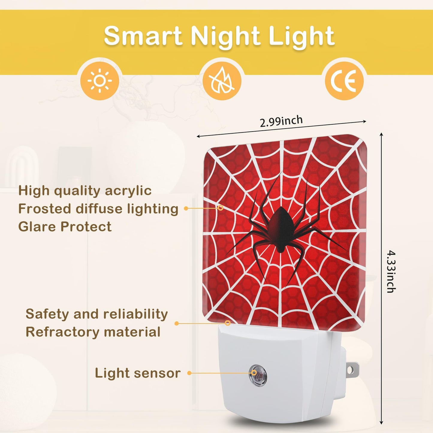 Red Spider Web Night Light with Dusk to Dawn Light Sensors, Plug-in Wall Led Night Lights, Energy Efficient Lamp for Bedroom/Bathroom/Kitchen/Hallway/Stairs