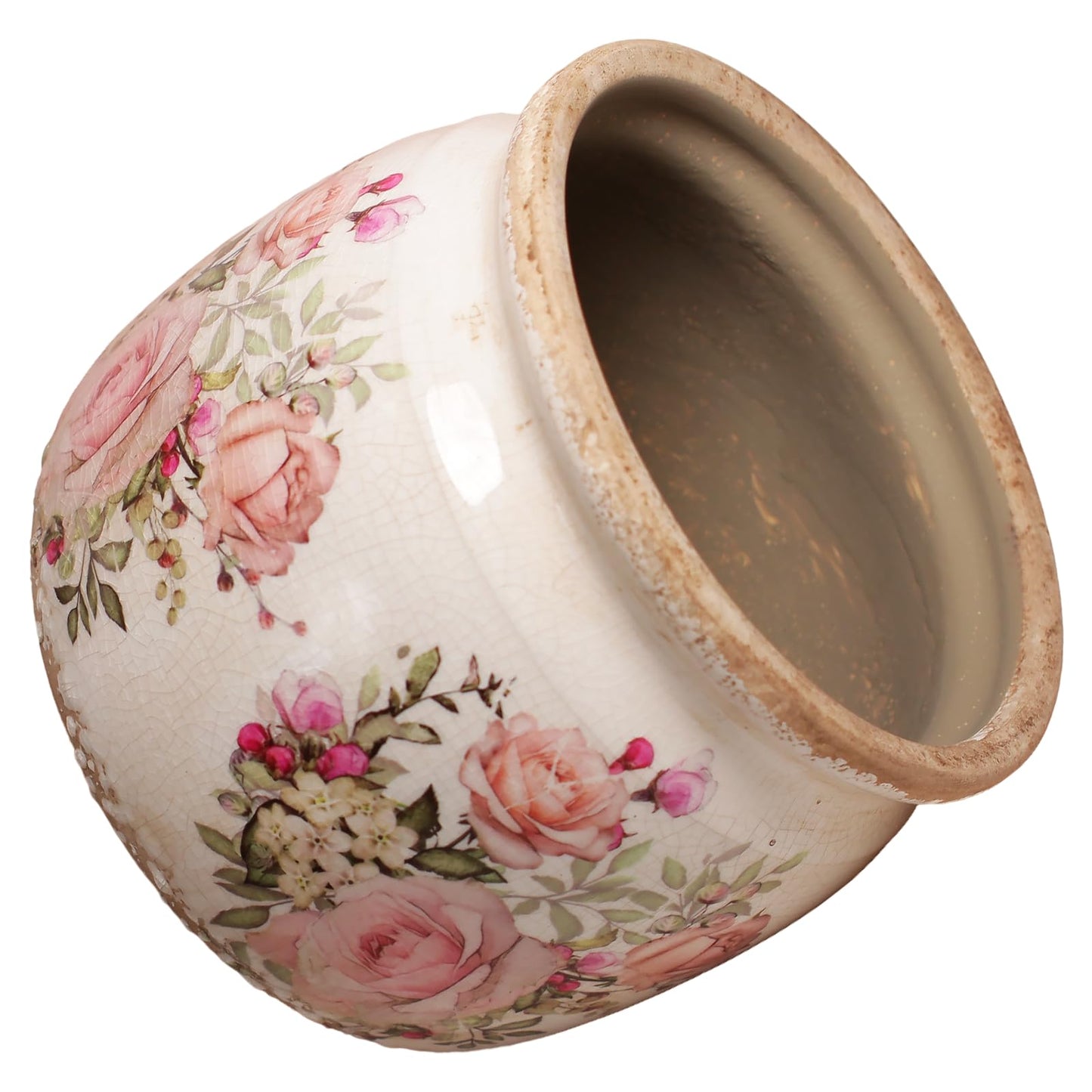 Xiaan Jiaju Ceramic Planter for Indoor Plants, 6.29 Inch Rose Pattern Crackle Glaze Flower Pot with Drainage Hole, Orchid Succulent Pots, European Farmhouse Bedroom Balcony Decor Gift, Pink