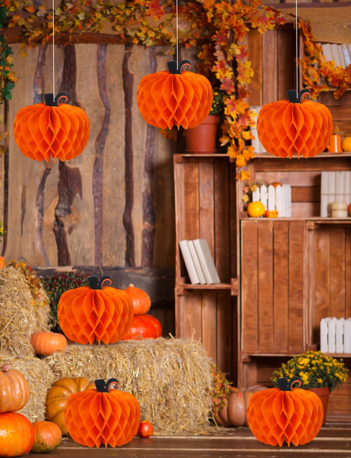 12 Pcs Fall Pumpkin Honeycomb Paper Decorations, Thanksgiving Pumpkins Table Centerpieces Hanging Pumpkin Honeycomb Tissue Balls for Halloween Thanksgiving Harvest Party Decor
