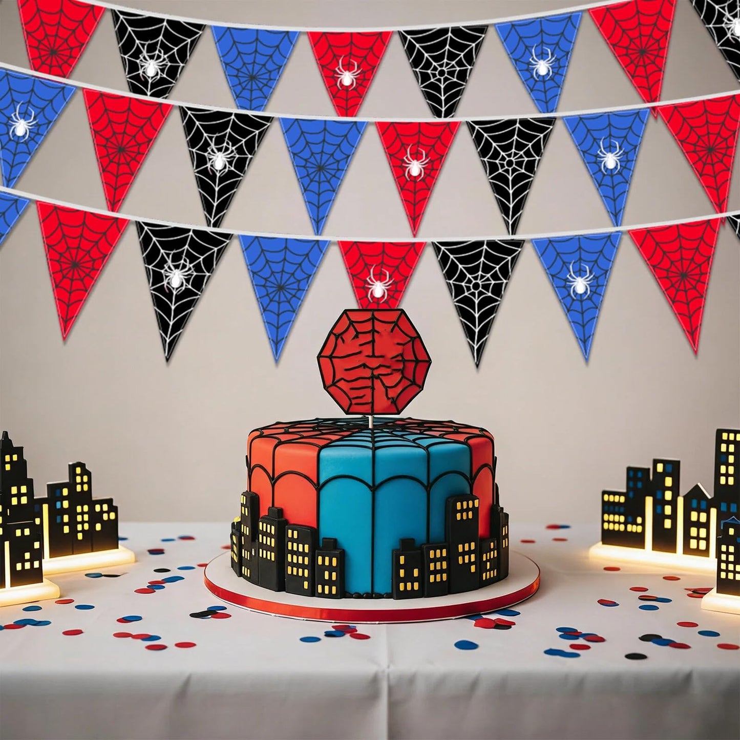 Gilprop 49.2 Ft / 60 Pieces Spider Web Party Decorations Pennant Banner Triangle Flags Garland Bunting Banner for Birthday Gender Reveal Wedding Baby Shower Decor Supplies (Red Blue Black)