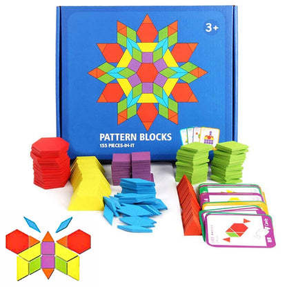 JCREN Wooden Pattern Blocks Montessori Toys Shape Puzzles Kindergarten Classic Educational Tangram Geometric Brain Teaser Toys Best STEM for Kids Ages 4-8 with 24 Pcs Cards