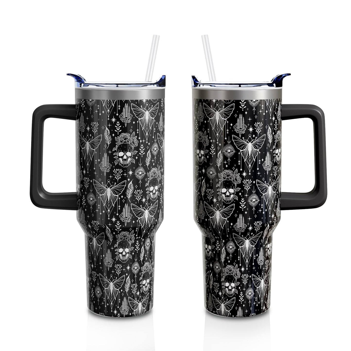 Aokoyi Goth Skull 40oz Tumbler Cup with Handle and Straw, Black Witch Gifts for Women Men, Gothic Holiday Stainless Steel Insulated Water Bottle 1PC