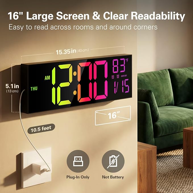 JALL 16" Large Digital Wall Mount Clock, Count Down Timer, Alarm, Big LED, RGB Color, DST, Temperature for Living Room Classroom Desk, Xmas, Birthday Gift for Senior Mom Dad (Black, 16 inches)