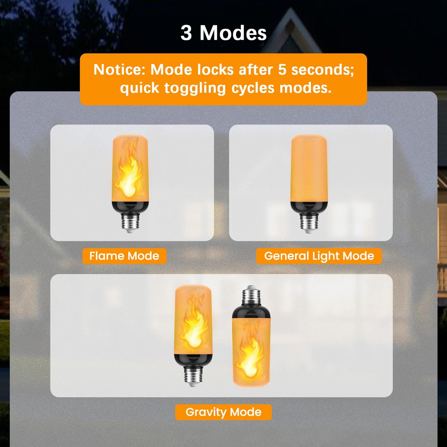 Hompavo Gen2 LED Flame Light Bulbs, Like Real Fire 4-Mode Flickering Light Bulbs with Upside Down Effect, E26 Flame Bulb for Halloween Christmas Party Patio Porch Home Indoor & Outdoor Decorations, 2