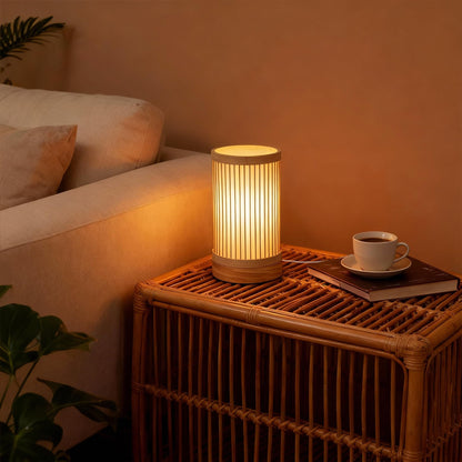 LUSHARBOR Bamboo Table Lamp, Small Boho Rattan Lamp Decorative with Dimmable Light, Woven Bedside Lamp for Bedroom, Cozy Nightstand Desk Lamps for Cafe/Entryway/Tabletop/Shelf Decor