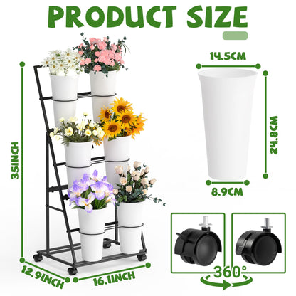 Invech Flower Display Stand with 6 Buckets and Wheels, 3 Tier Flower Cart Display Stand for Indoor Outdoor Garden, Wedding, Flower Shop (Existing Patent)