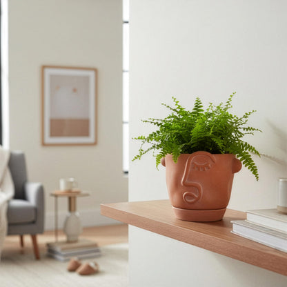 HERDUK 6 Inch Terracotta Abstract Face Planter with Drainage & Saucer – Artistic Ceramic Flower Pot for Indoor Plants, Boho Home Decor, Unique Gift for Plant & Art Lovers