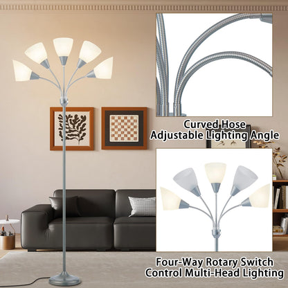 HonoDing Medusa Floor Lamps Standing Lamps 5 Heads Adjustable Reading Light Large Shade Use E26 A19 Bulb Floor Lamps for Living Room Bedroom (Silver)