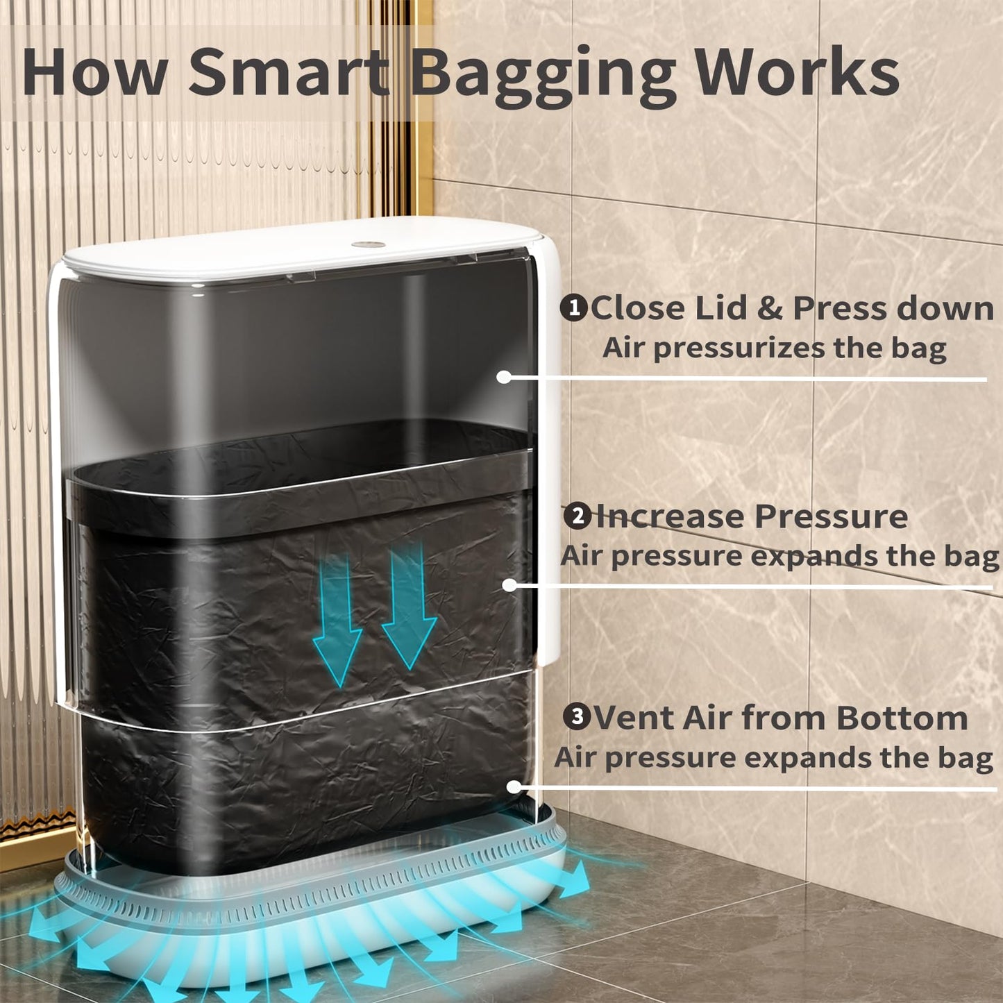 Small Bathroom Trash Can with Lid, 3 Gallon Slim Garbage Bin with Pop-Up Lid & Air-Pressure Bag Lock, Mini Waste Basket for Bathroom, Bedroom, Kitchen, Office, Rv, White - Includes 75 Bags (5 Rolls)