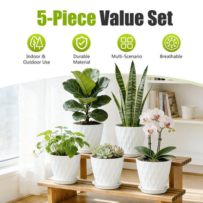 SQKH 8 Inch Plastic Plant Pots,Set of 5 Flower Pots,Planters with Drainage Holes & Saucers, Indoor Outdoor Garden Pots for Home Decor(White)