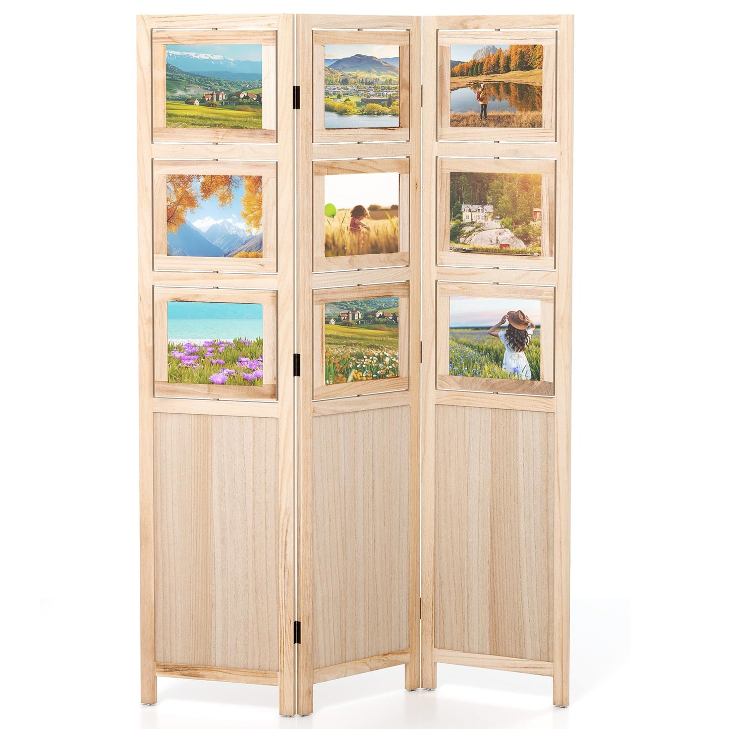 Giantex 3 Panel Room Divider with 9 Rotating Picture Frames, 67'' Folding Privacy Screen for Photo Display, Freestanding Wood Wall Partition for Room Separation, Bedroom, Office, Natural