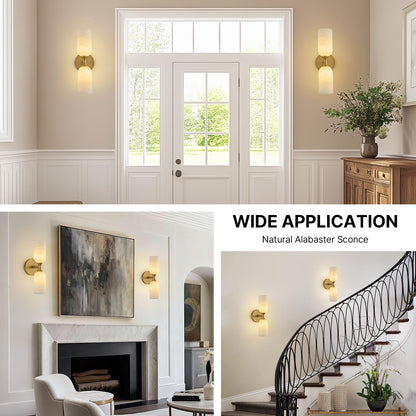 Vintage Alabaster Brass Wall Sconce: Set of 2 Antique Spanish Natural Marble Modern Vanity Wall Lights - 14" Brushed Gold Vanity Light - Indoor Sconces for Bathroom Stair Hallway Bedroom Living Room