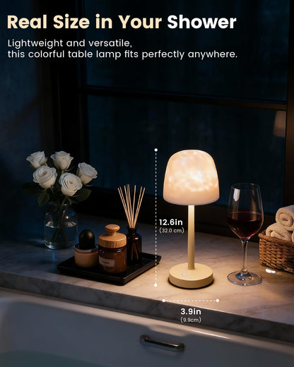 Waterproof Bathroom Shower Lamp with Ocean Wave Projector, 2-in-1 Table Night Light, 16 RGB Colors, 3 White Modes, 5000mAh Rechargeable USB-C Lamp with Touch & Remote for Spa Shower, Bedroom, Gifts
