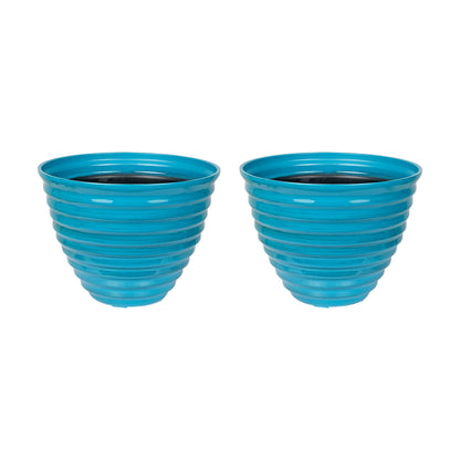 Alpine Corporation 16" Diameter Indoor/Outdoor Ribbed Plastic Planters, Lightweight with Plug-in Drainage Hole, Blue, Medium - Set of 2