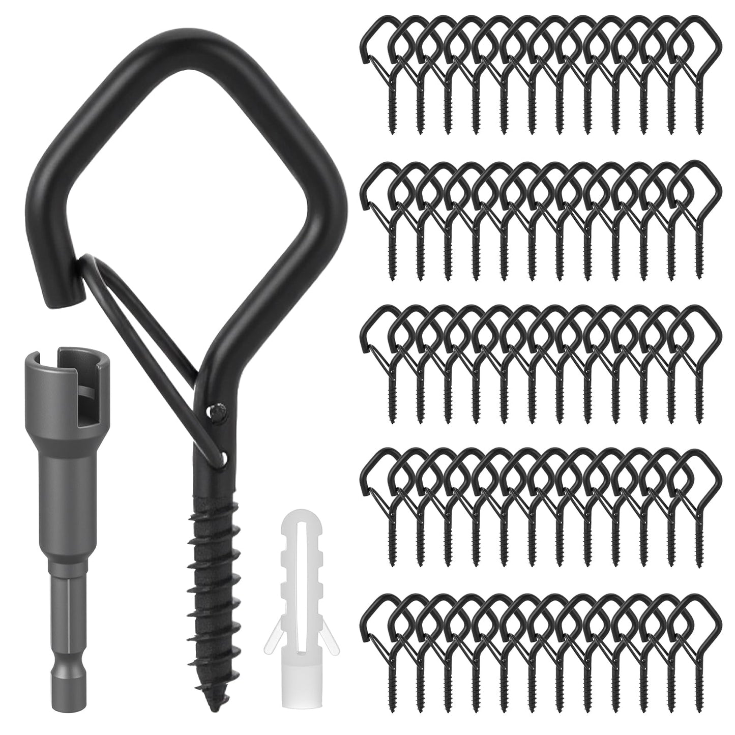 PercyEffie 60 Pack Ceiling Hooks for Hanging Plants/Outdoor String Lights, 2.3 Inch Heavy Duty Q-Hanger Hook Metal Ceiling Hooks for Patio Lights Christmas Decor Wire Fairy Led, Wind Nut Driver,Black