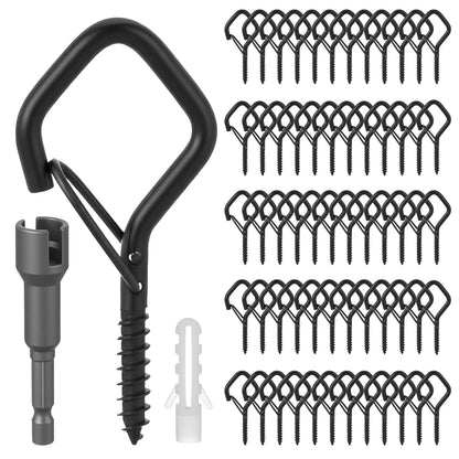 PercyEffie 60 Pack Ceiling Hooks for Hanging Plants/Outdoor String Lights, 2.3 Inch Heavy Duty Q-Hanger Hook Metal Ceiling Hooks for Patio Lights Christmas Decor Wire Fairy Led, Wind Nut Driver,Black