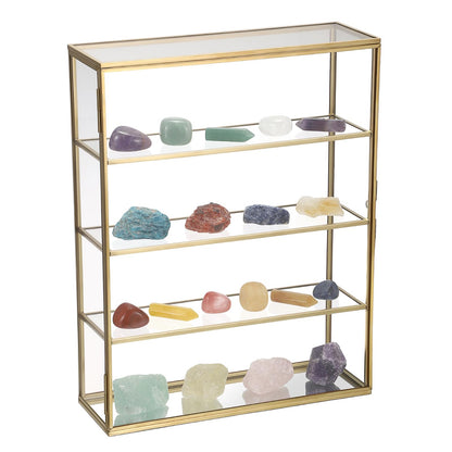 JUXYES 4 Tiers Tabletop Brass Glass Rock Display Case with Latch Door, Modern Clear Rocks Display Case Box with Mirror Bottom, Gold Dust Proof Case for Collectible, Mineral Crystal, Stones