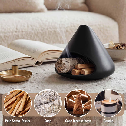 Ceramic Palo Santo Holder Incense Burner, Black Cone Mini Fireplace for Sage Sticks Burner with Chimney Handmade for Cedar,Yoga, Anxiety Relief Meditation for Women