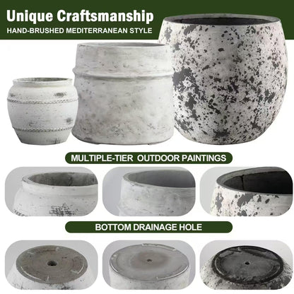 ShangDemonMaster Craft flowerpots 18"+13"+9" Dia Round Concrete Planter Set of 3 Large Outdoor/Indoor Planter Pots Containers with Drainage Holes and Rubber Plug for Home Garden (White, Large)