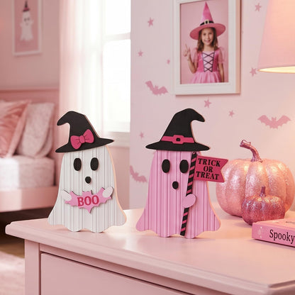 Valery Madelyn Pink Halloween Decorations, Set of 2 Cute Halloween Ghost Decor, Witch Hat Boo & Trick or Treat Wooden Tabletop Signs for Home, Shelf, Tiered Tray Party Display, 5 Inch
