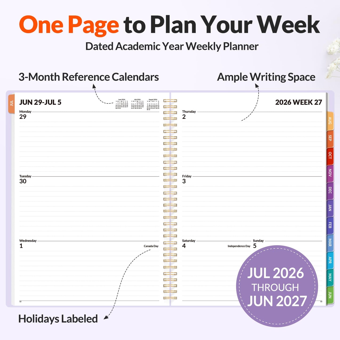 SUNEE Academic Planner 2026-2027 – Weekly & Monthly Planner, July 2026 to June 2027, 8.5"x11", Thick Paper, Tabs, Pockets, Bookmark, Spiral-Bound, Student Teacher Organizer, Purple