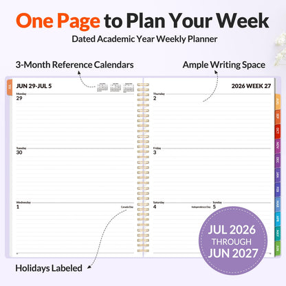 SUNEE Academic Planner 2026-2027 – Weekly & Monthly Planner, July 2026 to June 2027, 8.5"x11", Thick Paper, Tabs, Pockets, Bookmark, Spiral-Bound, Student Teacher Organizer, Purple