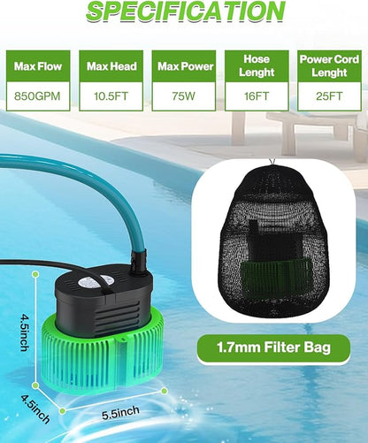 Pool Cover Pump above Ground - Submersible Water Sump Pump Swimming Water Removal Pumps, with Drainage Hose & 25 Feet Extra Long Power Cord, 850 GPH inGround, 3 Adapters