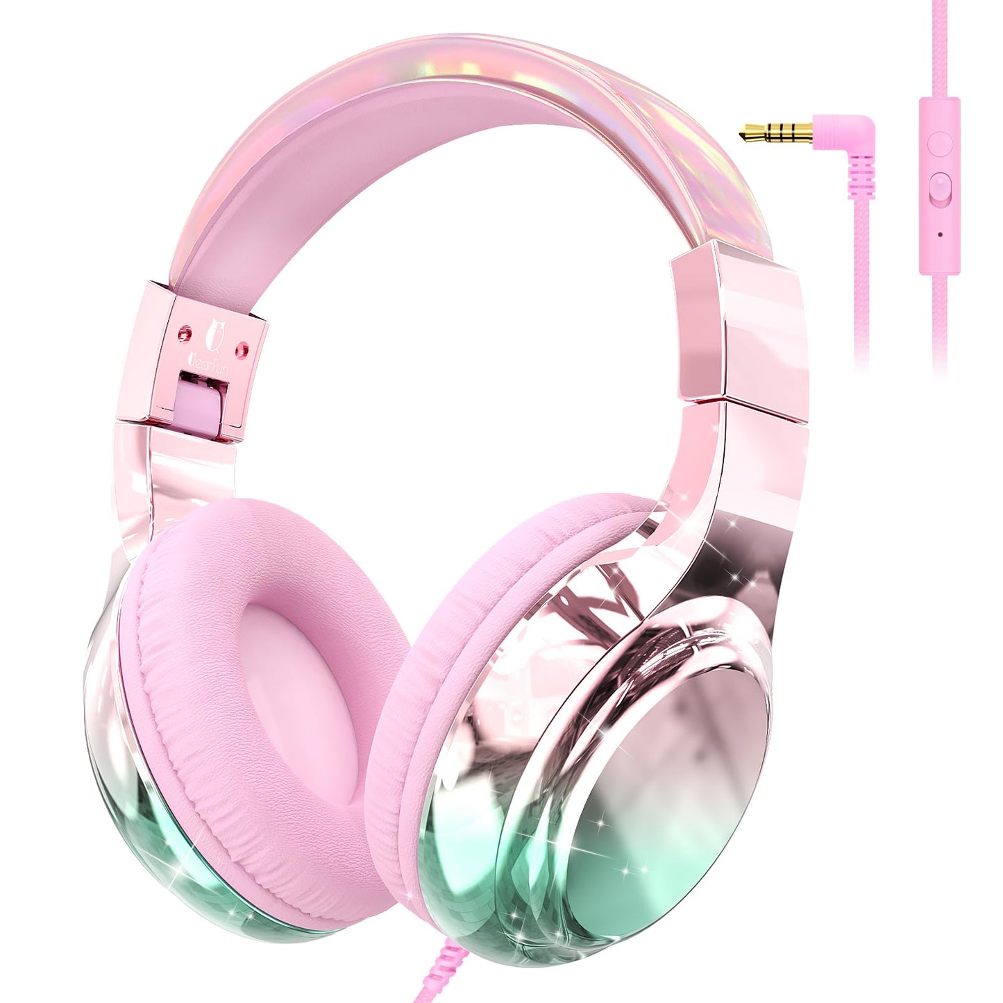 QearFun Kids Headphones Wired with Mic, 85/94dB Safe Volume Limit, Foldable Over Ear, Tangle-Free Cord & Sharing Port, Wired On-Ear Headset for School, Chromebook, Tablet, Travel - Boys & Girls