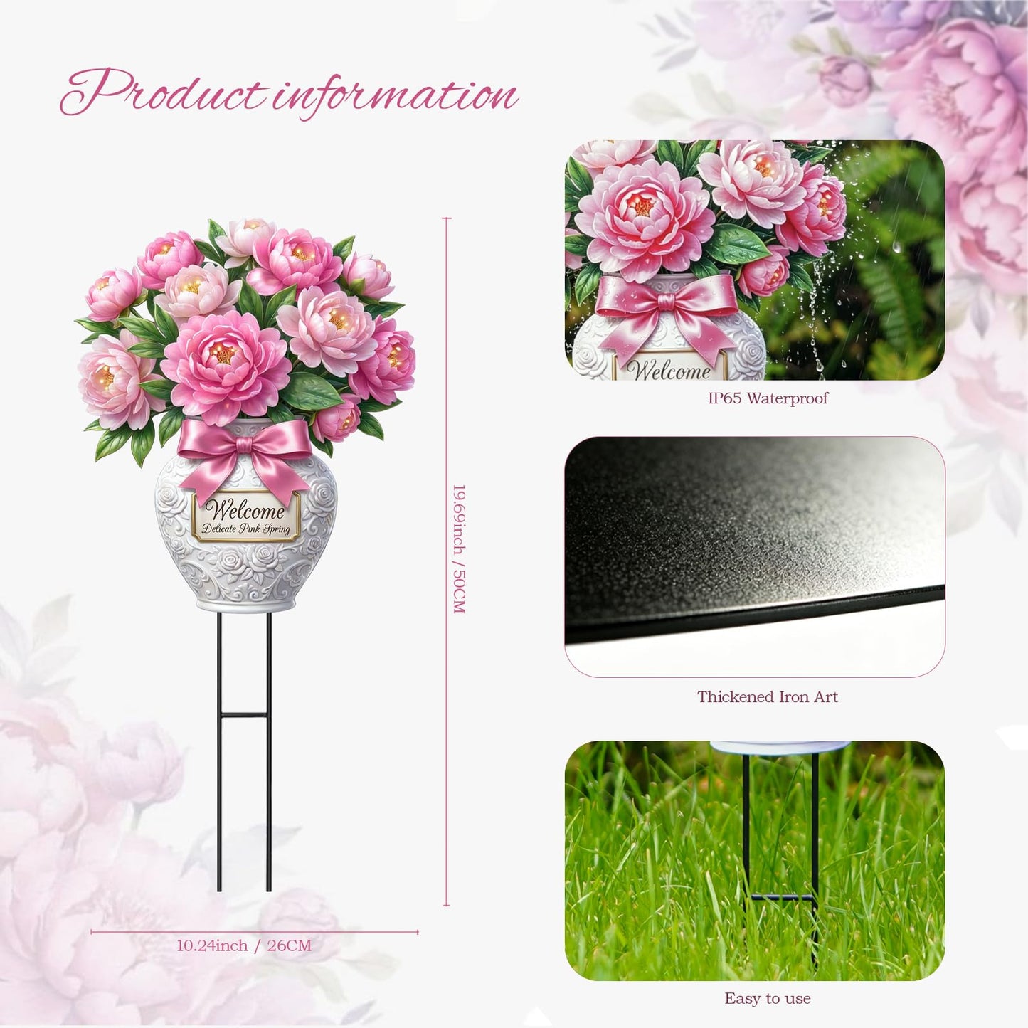 Tooyuart Pink Peony Flower Garden Stake, 20" Flat Metal Welcome Sign, Rustproof Metal Flower Vase Yard Art, Spring Yard Outdoor Decorations for Patio Lawn Garden