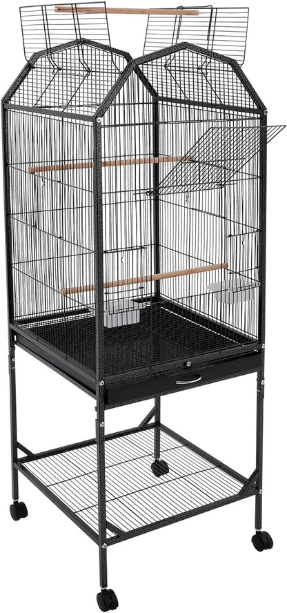 53.5 Inch Iron Bird Cage, Large Parakeet Cages with Play Open Top and Rolling Stand, Bird House with Detachable Stand and Pull-Out Tray for Cockatiels, Parrots, Lovebirds, Canaries (Black, Style B)