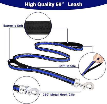 WINSEE Pet Harness Collar and Leash Set, All-in-one Reflective Dog Harness No Pull with Adjustable Buckles for Puppies, Small, Medium, Large, and Extra-Large Dogs (Large, Dark Blue)