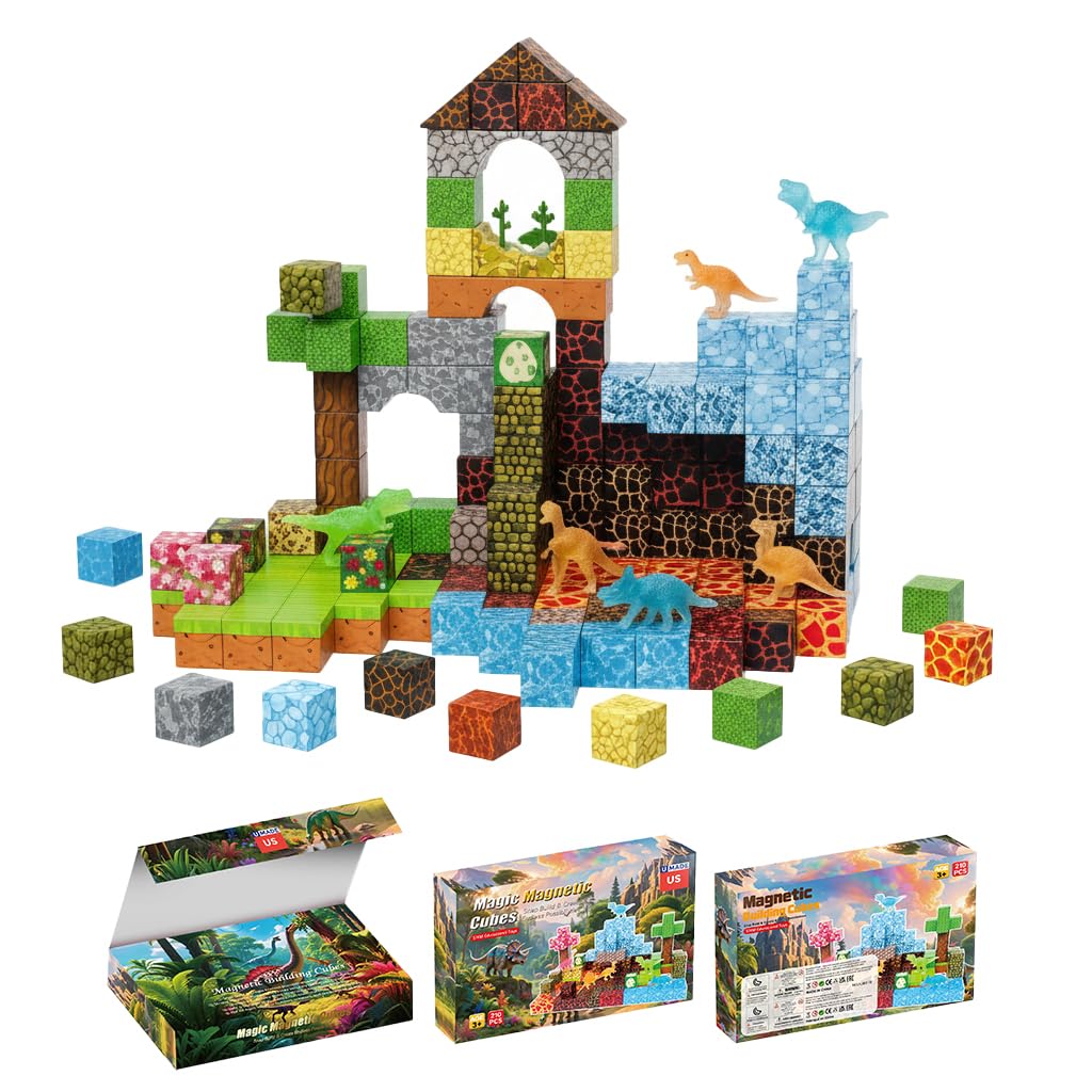 uMadeUs Magnetic Blocks for Kids Ages 4-8 – 100 Pc Dinosaur Toys with Glow-in-the-Dark Dinosaurs – 3D Pixel Cubes, STEM Building Toys for Boys & Girls Ages 3-12