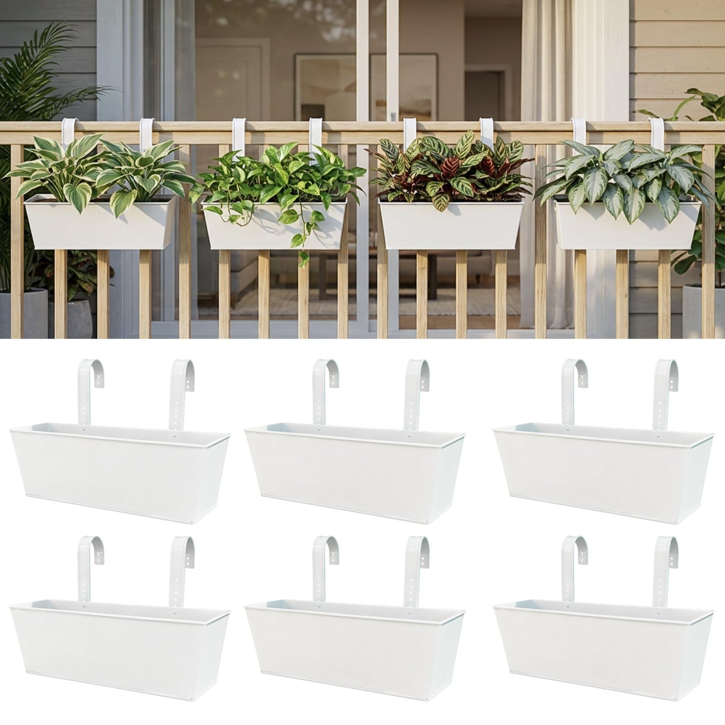 LaLaGreen Rail Planter (16 Inch, 6 Pack) White Rectangular Metal Hanging Flower Railing Fence Balcony Gardening for Apartment Patio Planters Outdoor Deck Decoration Modern Garden Style Porch Decor