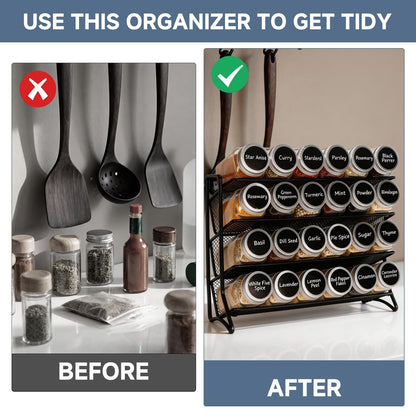 DIDITIME Spice Rack Organizer with 24 Glass Jars and 60 Labels, 4-Tier Seasoning Organizer for Cabinet, Countertop, Pantry or Wall Mount, Rust-Resistant Carbon Steel Spice Jar Set with Marker