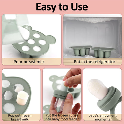 Silicone Baby Fruit Food Feeder & Mini Freezer Nibble Tray, Breastmilk Popsicle Molds for Baby Teething Relief, BPA Free Silicone Teething Toys Feeder for Safe Infant Self Feeding, Extra Food Pouches