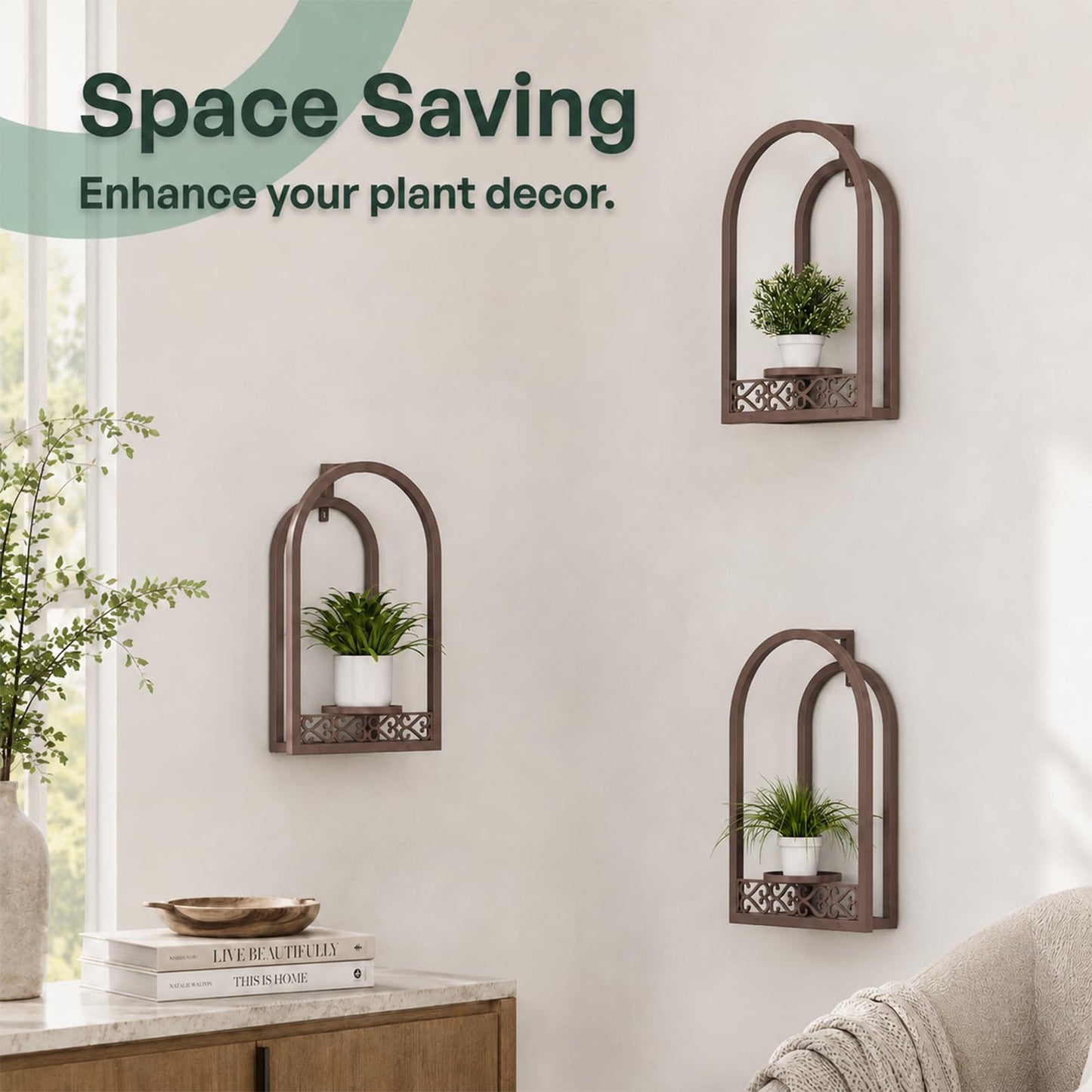 Rioneta Hanging Planter for Indoor & Outdoor Plants, Mid Century Modern Iron Frame Wall Decor for Living Room Garden Patio 3 Pack Coffee（No Light）