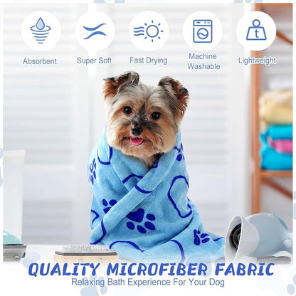 Fanfanwin 4 Pcs Dog Bath Towels Microfiber Drying Dog Towel Absorbent Pet Heart Paw Towels for Medium Dogs Puppy Cats Pets Shower(Blue)