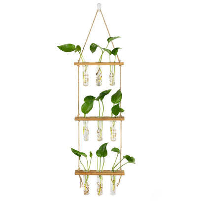 Hyindoor Wall Hanging Propagation Stations 3 Tired Wall Planter Terrarium with Wooden Stand and Glass Test Tubes Plant Hanger Flower Vase for Home Office Wall Decor Hydroponic Cuttings