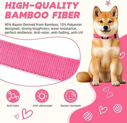 Rose Pink Dog Collar for Medium Size Dog, Breathable, Anti-Odor & Soft, Comfortable for Sensitive Skin Puppies, 90% Bamboo Rayon, Adjustable Quick-Release Buckle Pet Collar for Medium Breeds