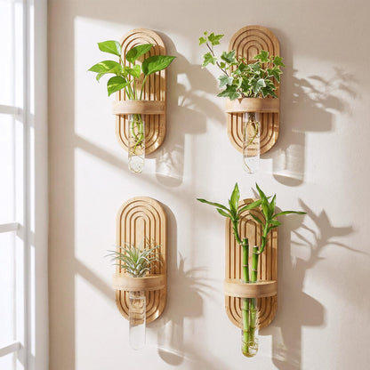 Beeveer 4 Sets Hanging Plant Propagation Stations Bamboo Wood Wall Mounted Test Tube Vase Rustic Decorative Glass Planter Holder Gift for Women Plant Lover Hydroponic Flowers Home and Office Decor