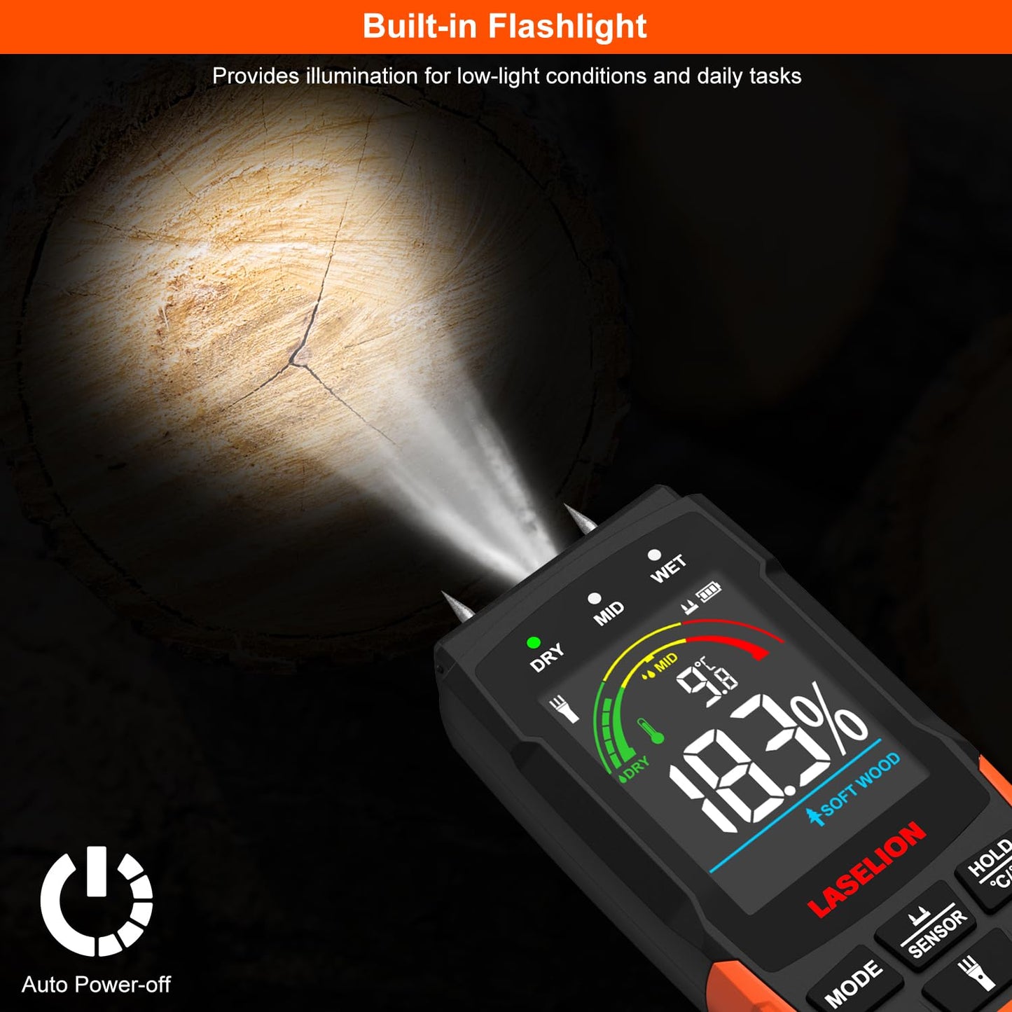 LASELION 2-in-1 Pin & Pinless Moisture Meter MS03 – Accurate Moisture Detection for Wood, Concrete, Drywall, and More – LCD Display with Hold Function, Flashlight, and Auto Power Off