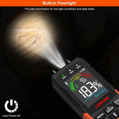LASELION 2-in-1 Pin & Pinless Moisture Meter MS03 – Accurate Moisture Detection for Wood, Concrete, Drywall, and More – LCD Display with Hold Function, Flashlight, and Auto Power Off