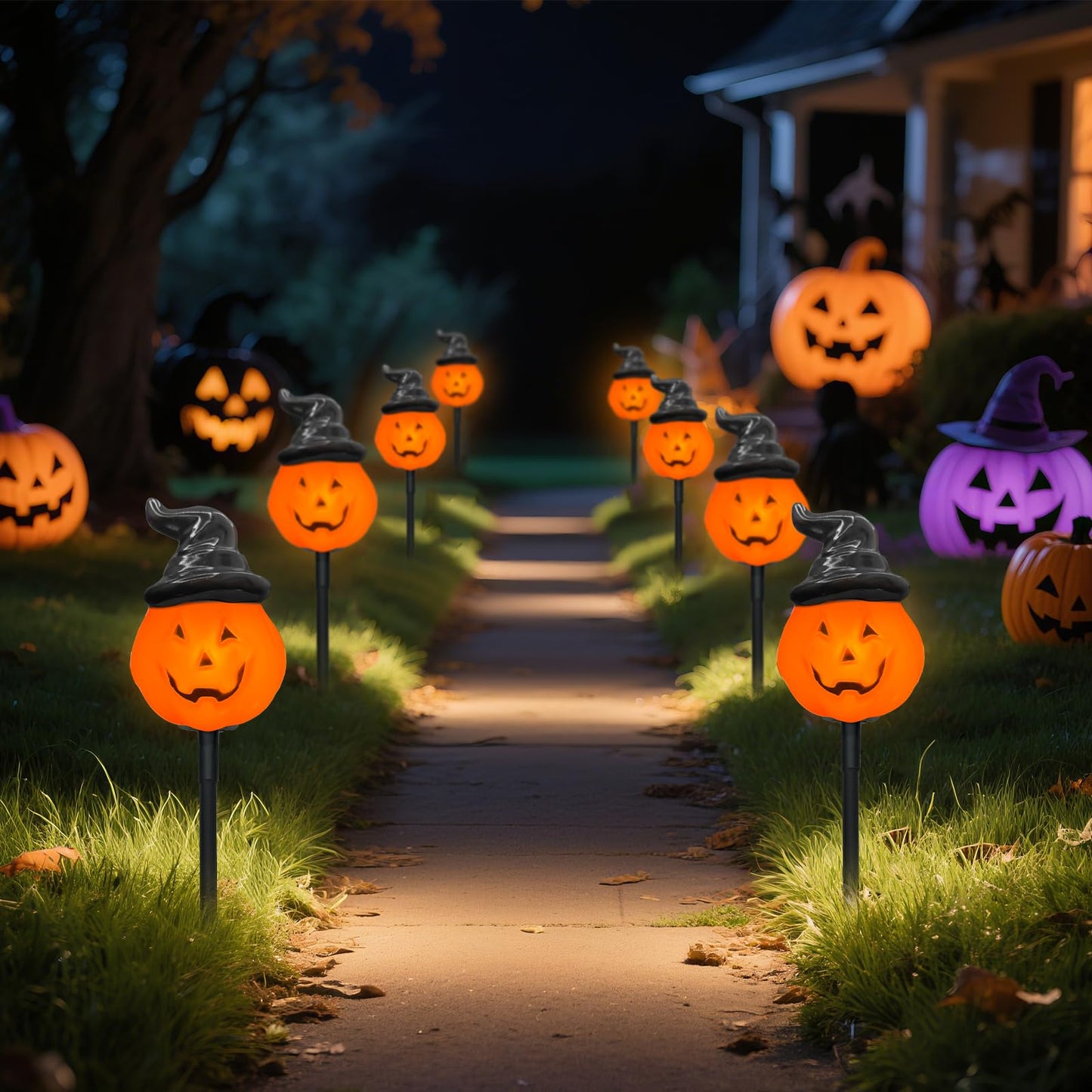 Oviejo Halloween Decorations Outdoor C7 Halloween Pumpkin Pathway Stake Lights, 7Ft Jack-o-Lantern Garden Light with 4 C7 LED Bulbs, Pathway String Lights for Outdoor Garden Walkway Party Lighting