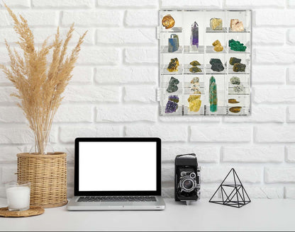 Acrylic Display Case Adjustable Clear Rock Display Case Shadow Box with Shelves Storage Organizer for Mini Pop Figure, Collectibles, Mineral Crystal, Stones, Wall Mountable, with Mirrored & Lid
